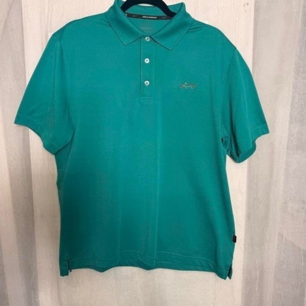 Greg Norman Polo Shirt Men's M Teal Green Short Sleeve Golf Shark Logo